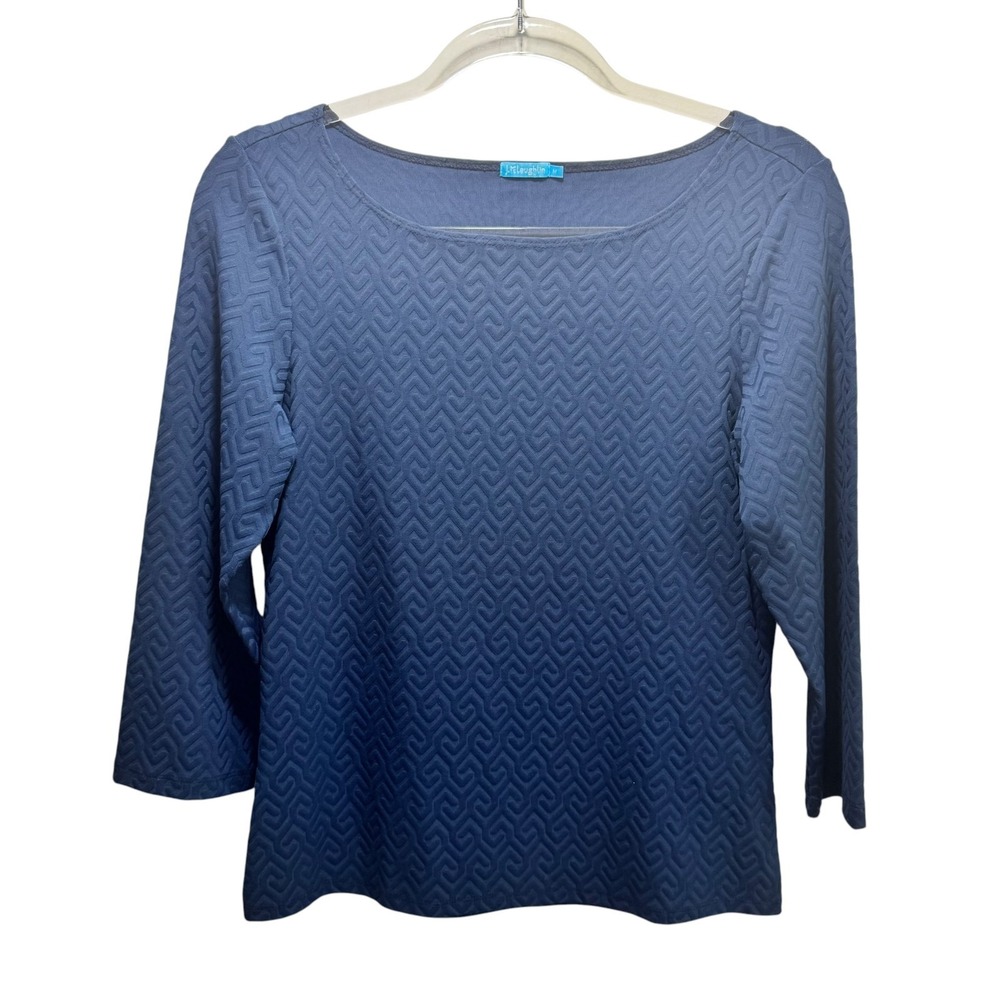 J Mclaughlin USA Made Nautical Boat Neck Textured Stretch Top M Navy 3/4 Sleeves